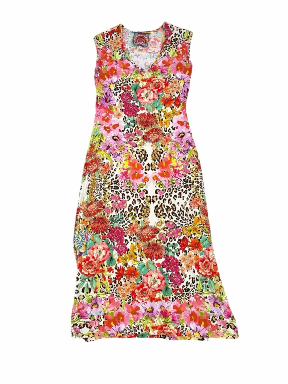 Johnny Was Wild Garden High Slit Knit Dress Floral Leopard Midi XXS